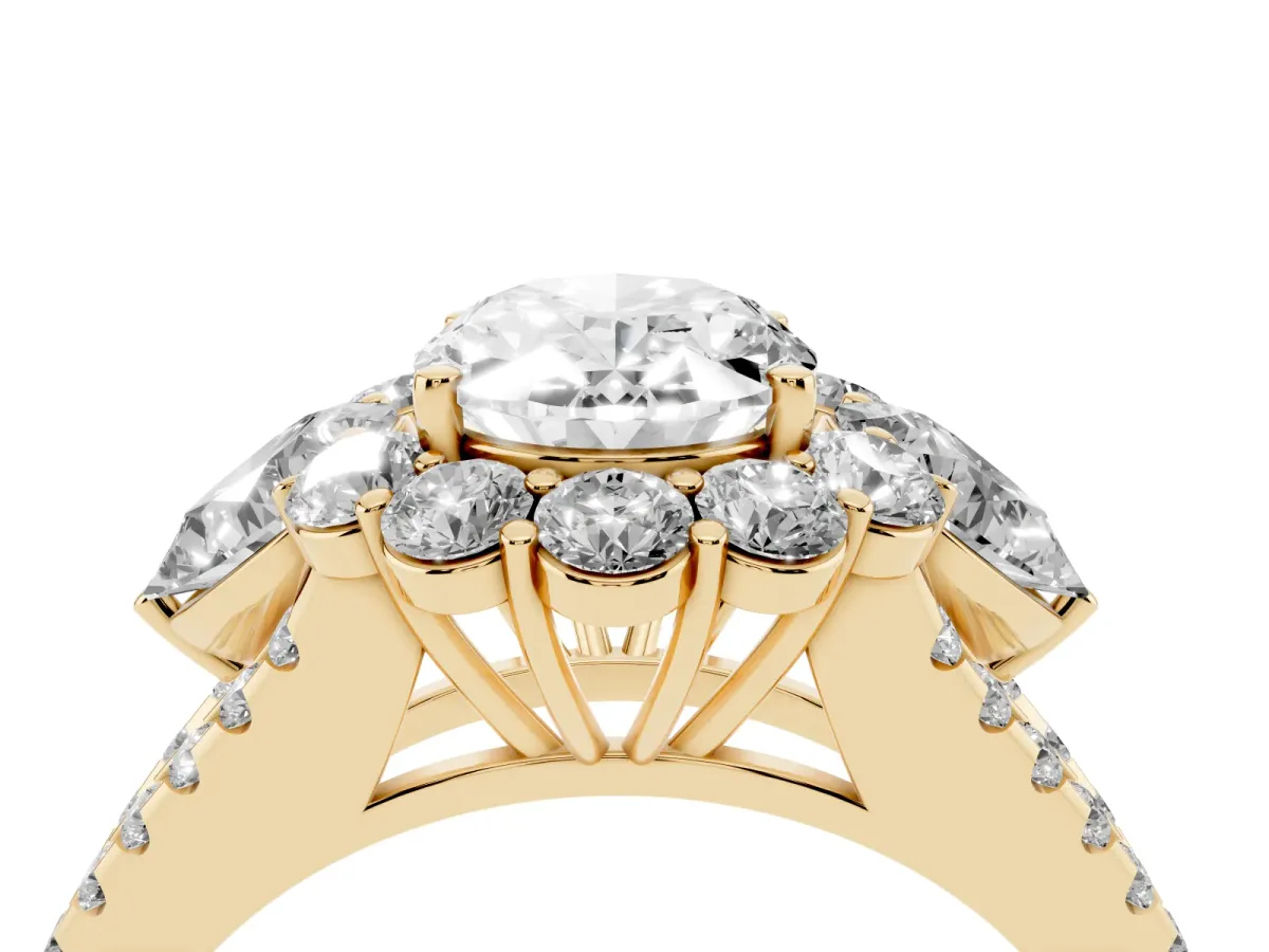 Oval Cut Halo Split Shank Diamond Engagement Ring with Prong Setting Yellow gold