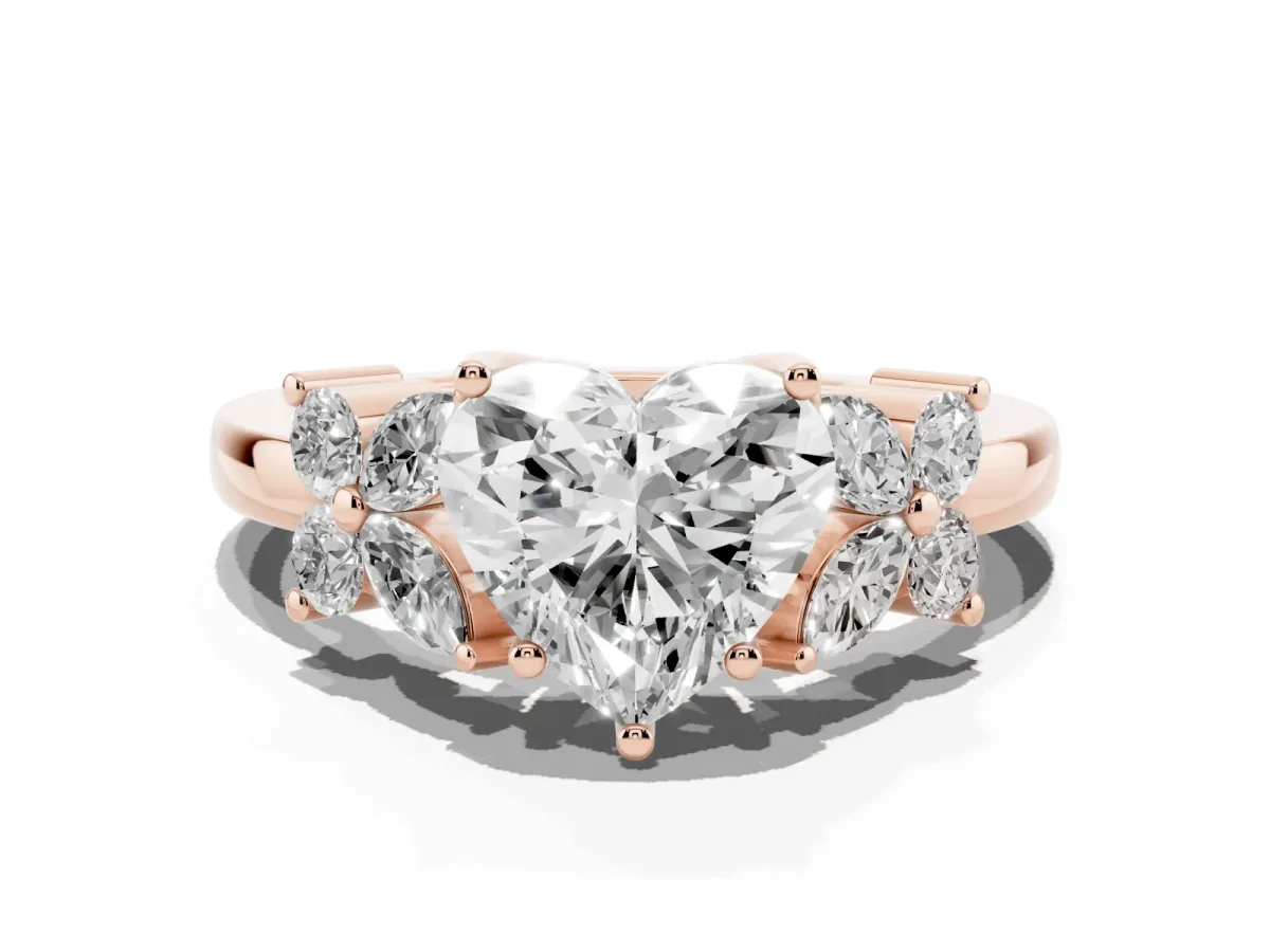 Heart Cut Diamond Floral Cluster Ring with Solitaire Band and Prong Setting Rose gold