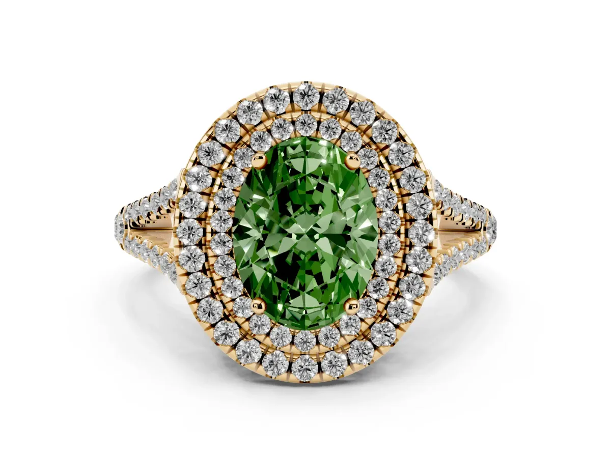 Fancy Green Oval Cut Diamond Double Halo Ring with Pavé Band and Prong Setting Yellow gold