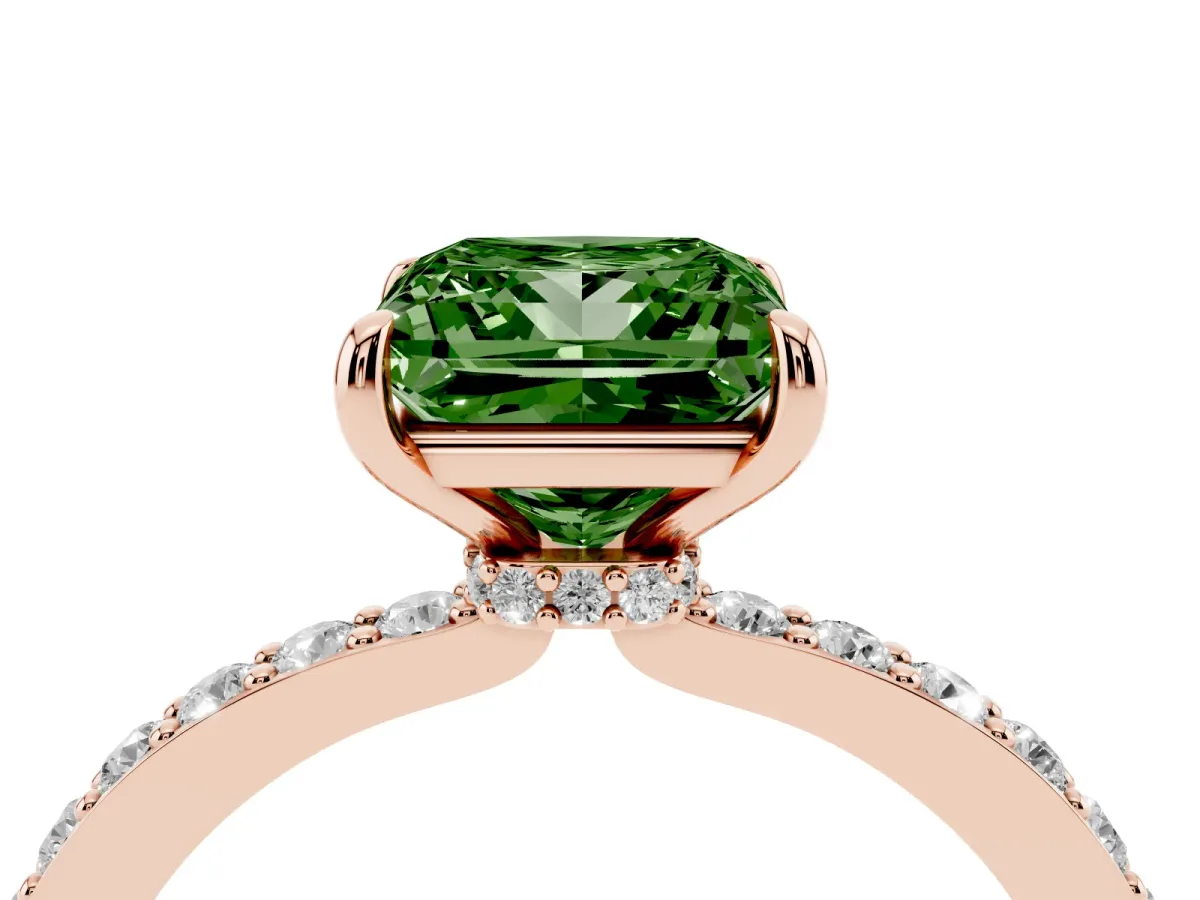 Fancy Green Princess Cut Diamond Solitaire Engagement Ring with Pavé Band and Four-Prong Setting Rose gold