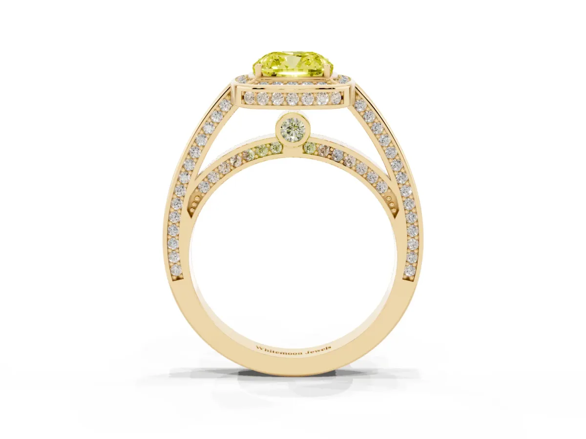 Fancy Yellow Cushion Cut Cut Halo Pave Split Shank Prong Setting Ring Yellow gold