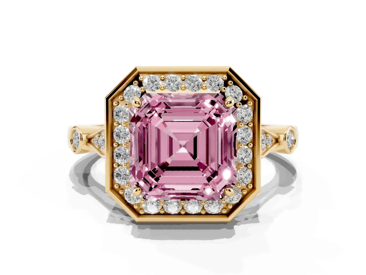 Fancy Pink Asscher Cut Halo Diamond Engagement Ring with Twisted Band and Four-Prong Setting Yellow gold