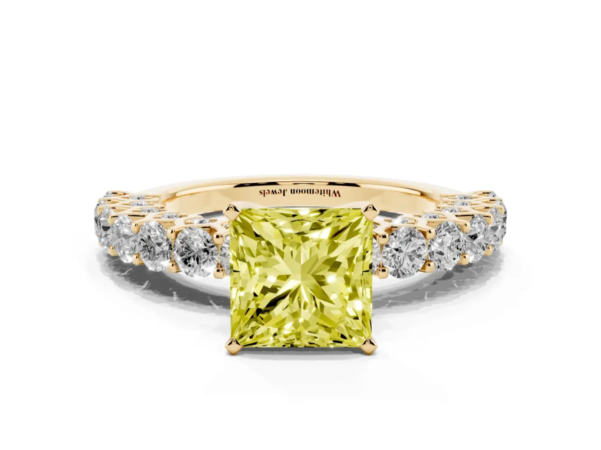 Fancy Yellow Princess Cut Diamond Solitaire Ring with Shared Prong Pavé Band and Four-Prong Setting Yellow gold