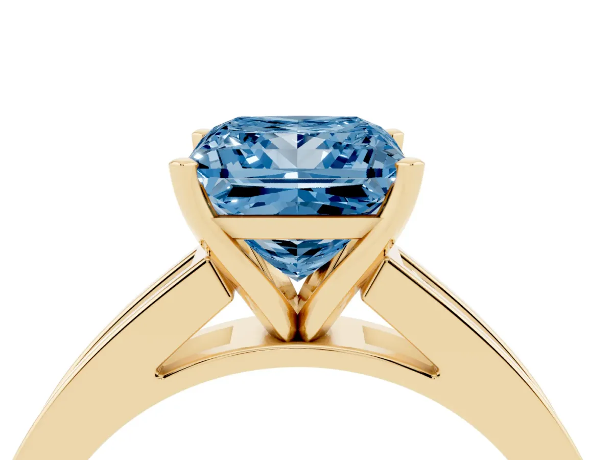 Fancy Blue Princess Cut Solitaire Diamond Ring with Channel-Set Band and Four-Prong Setting Yellow gold
