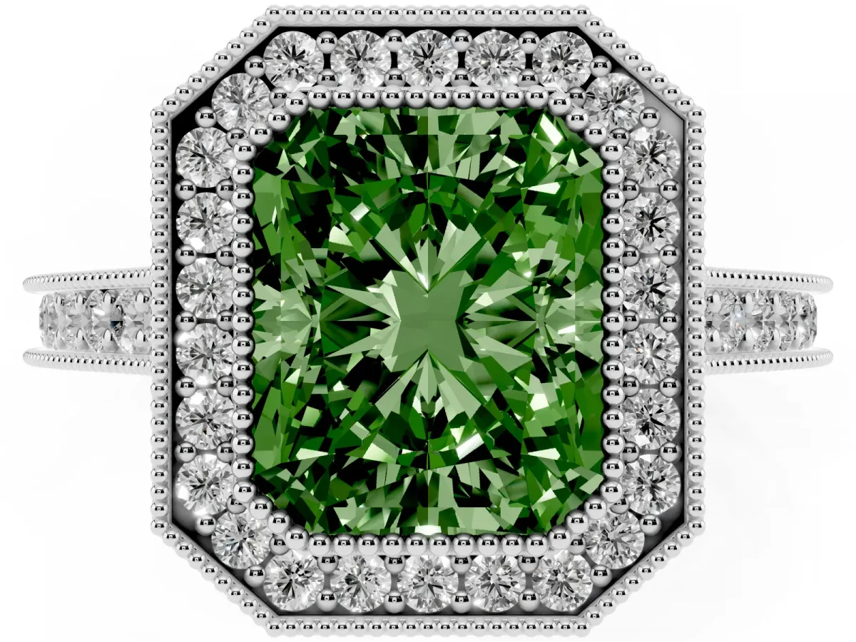 Fancy Green Halo Radiant Cut-Cut Diamond Pave Band Milgrain Prong Setting Ring Platinum