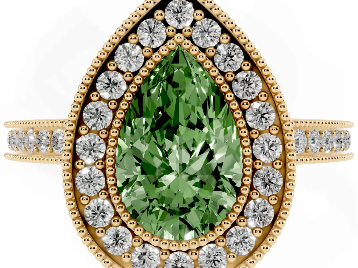 Fancy Green Pear Cut Cut Halo Diamond Ring with Pavé Band and Milgrain Prong Setting Yellow gold