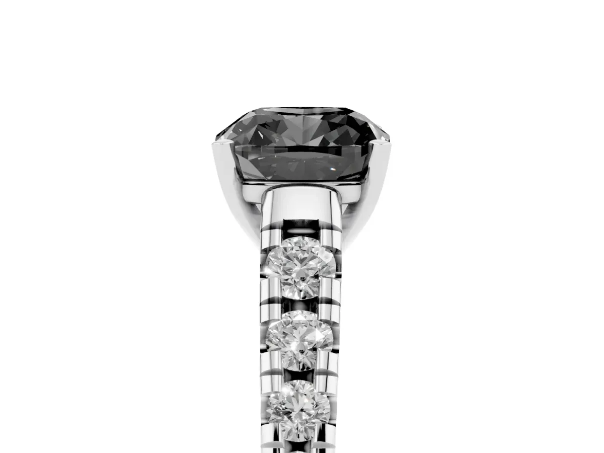Fancy Black Cushion Cut Diamond Cathedral Solitaire Ring with Round Pavé Band Silver