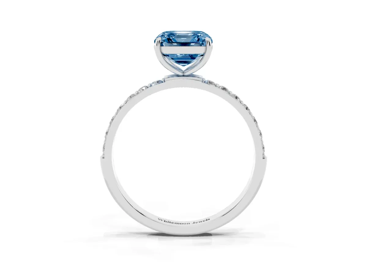 Fancy Blue Asscher Cut Diamond Solitaire Ring with Round Pavé Shoulders and Prong Setting Platinum