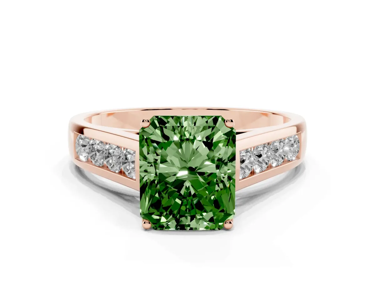 Fancy Green Radiant Cut Solitaire Channel-Set Diamond Engagement Ring with Four-Prong Setting Rose gold