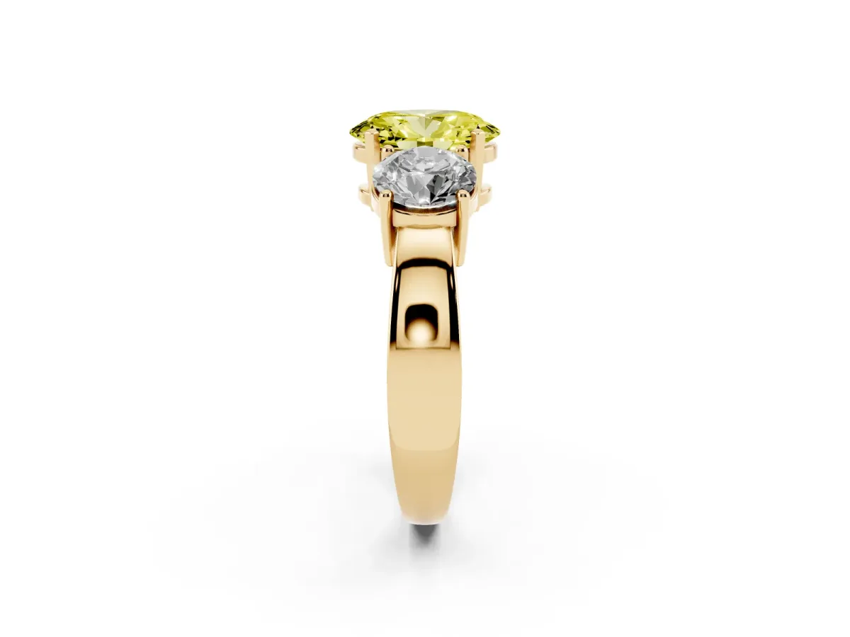 Fancy Yellow Three-Stone Oval Cut Diamond Ring with Round Side Stones, Classic Band, and Four-Prong Setting Yellow gold