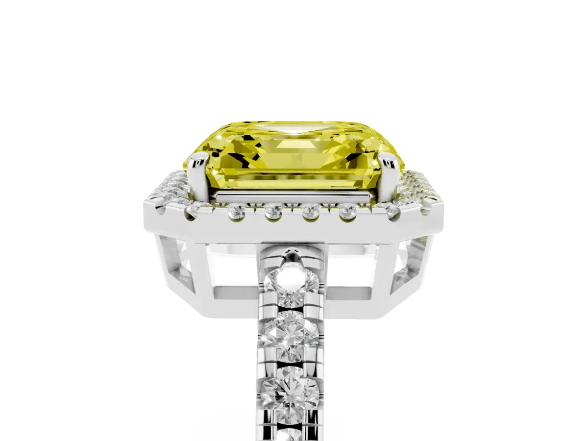 Fancy Yellow Asscher Cut Diamond Halo Ring with Pavé Band and Four-Prong Setting Platinum
