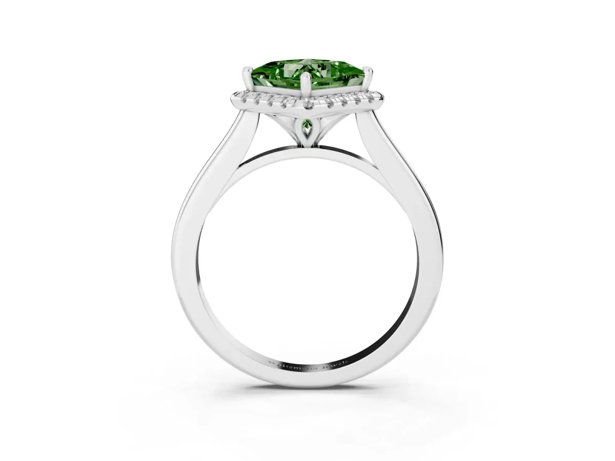Fancy Green Princess Cut Halo Round Diamond Solitaire Engagement Ring with Pave Band and Four-Prong Setting White gold