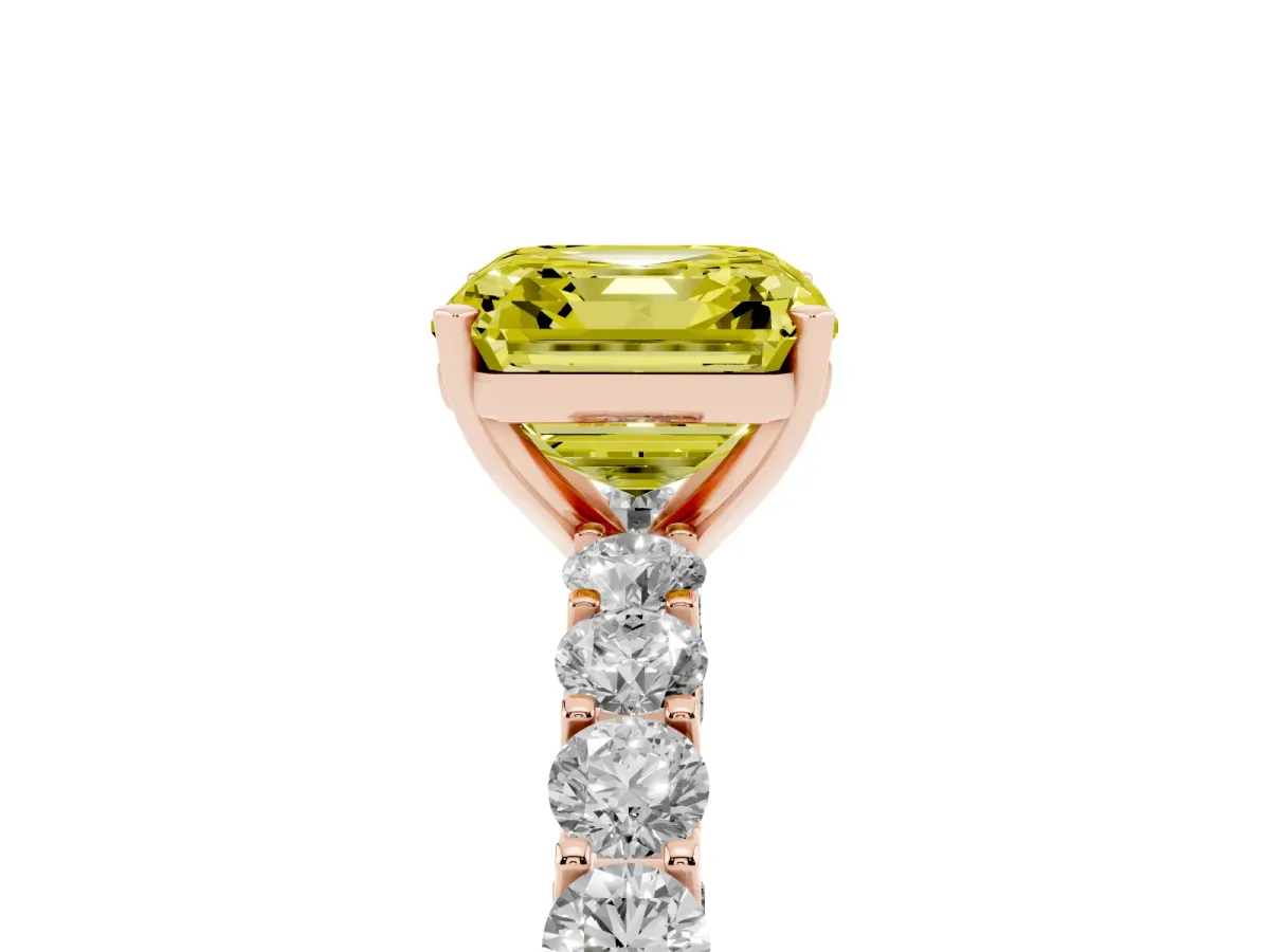 Fancy Yellow Asscher Cut Diamond Solitaire Ring with Shared Prong Pavé Band and Four-Prong Setting Rose gold
