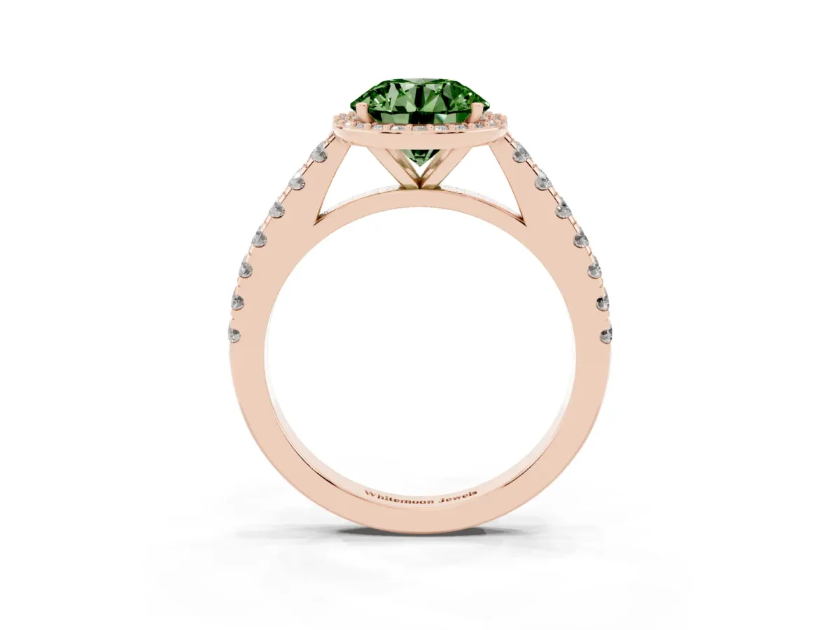 Fancy Green Round Cut Cut Halo Diamond Engagement Ring with Pave Band and Four-Prong Setting Rose gold