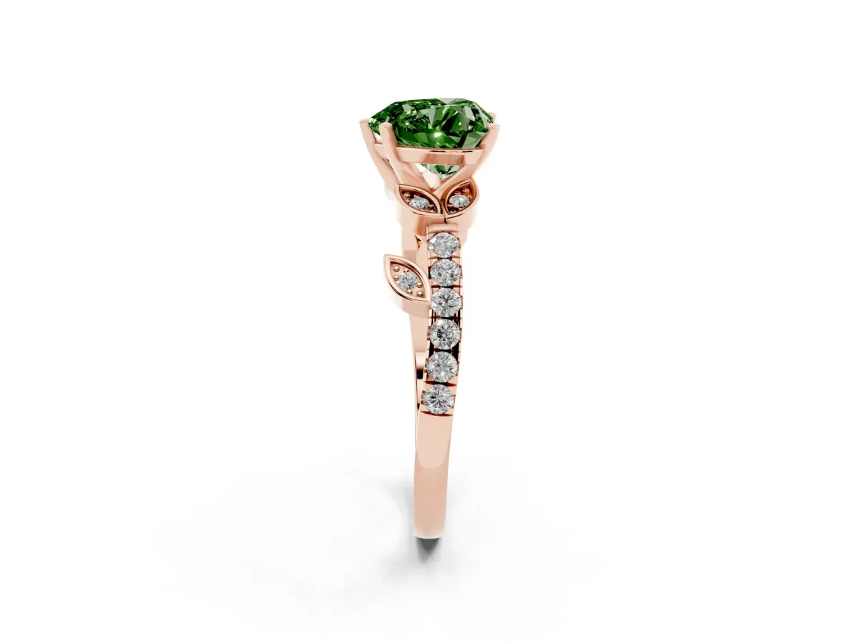 Fancy Green Heart Cut Solitaire Leaf-Inspired Diamond Ring with Pavé Band and Four-Prong Setting Rose gold