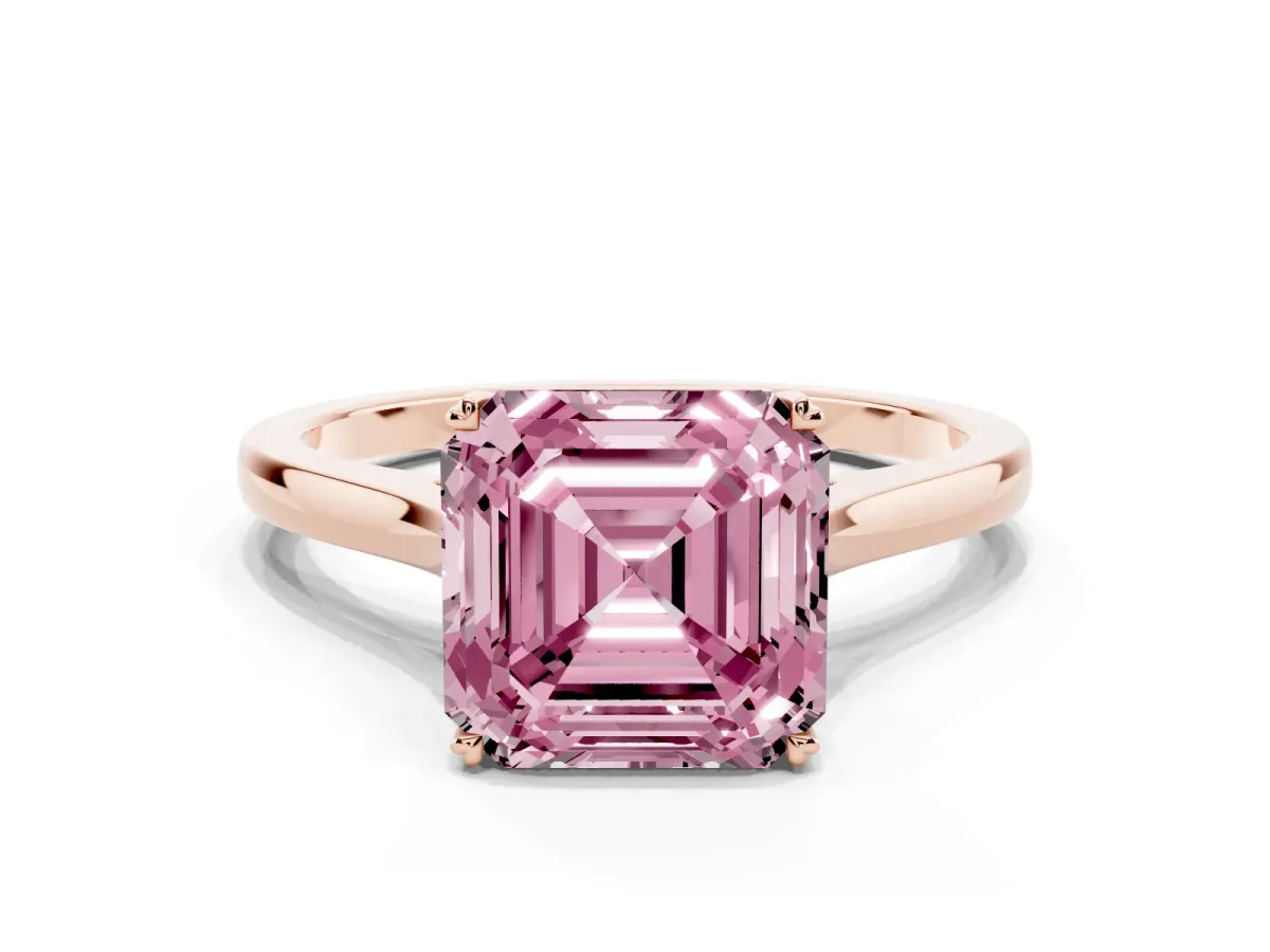 Fancy Pink Asscher Cut Solitaire Heart Prong Engagement Ring with Tapered Band Rose gold