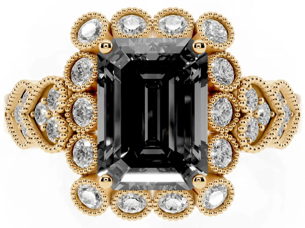 Fancy Black Emerald Cut Brilliant Milgrain Pave Heart Band Solitaire Ring Yellow gold