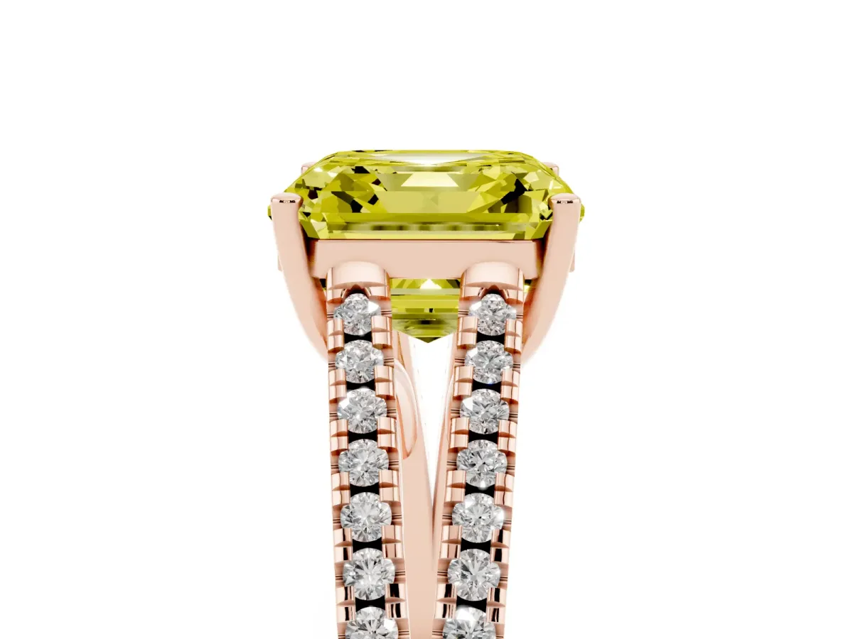 Fancy Yellow Asscher Cut Diamond Solitaire Engagement Ring with Split Shank Pavé Band Rose gold