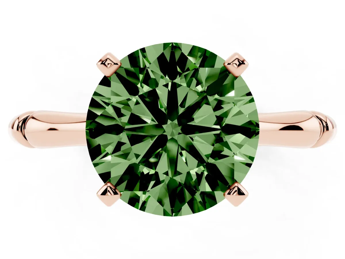 Fancy Green Round Cut Solitaire Diamond Ring with Bamboo Band and Four-Prong Setting Rose gold
