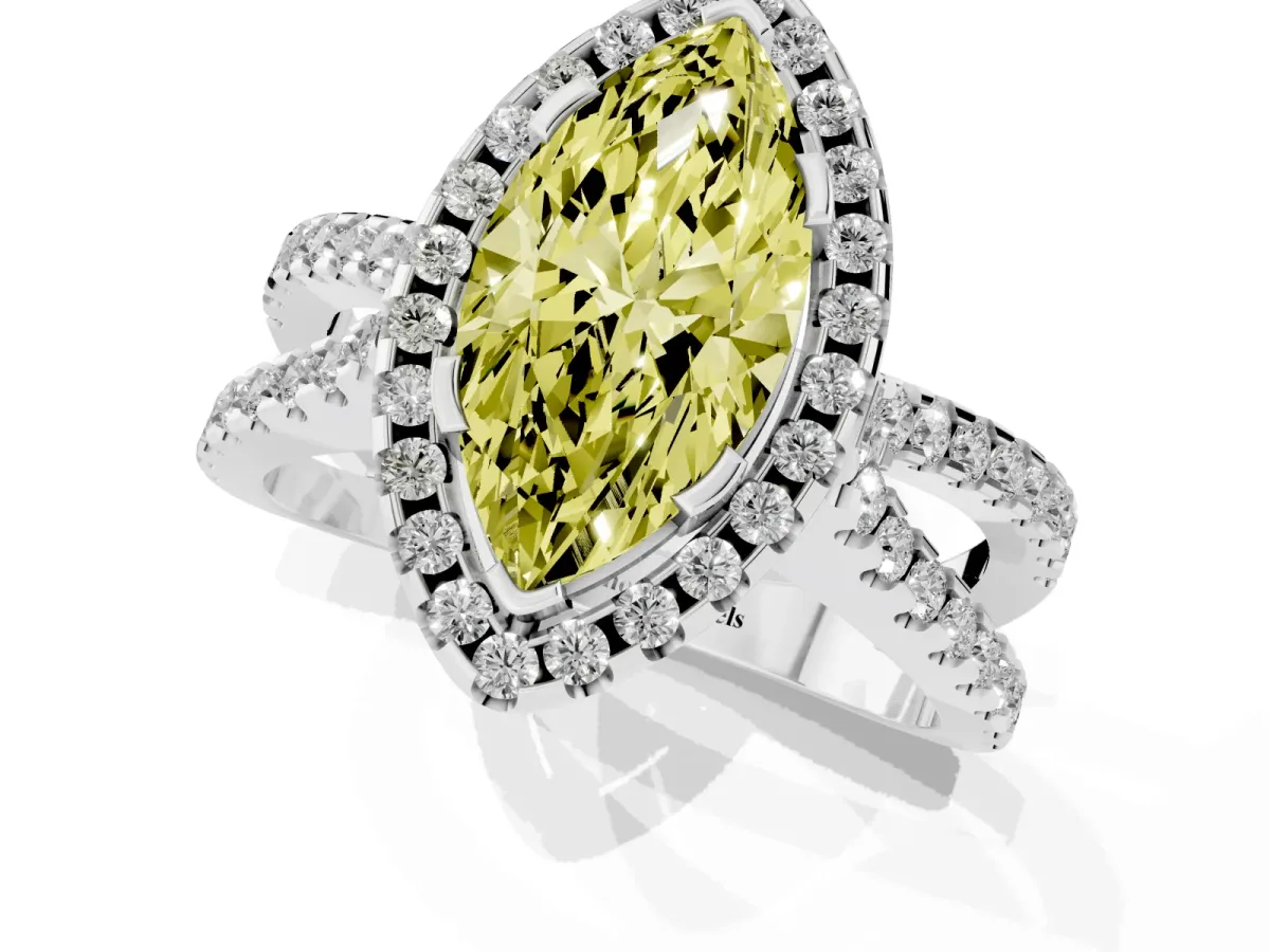 Fancy Yellow Marquise Cut Diamond Halo Ring with Split Shank Pavé Band and Prong Setting White gold