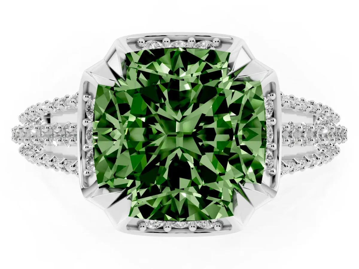 Fancy Green Cushion Cut Solitaire Pave Split Shank Ring with Four-Prong Setting Silver