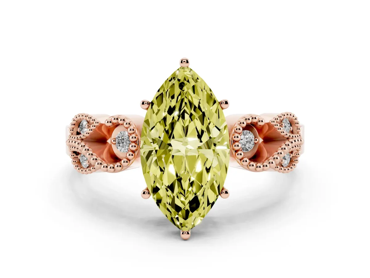 Fancy Yellow Marquise Cut Solitaire Milgrain Leaf Band with Prong Setting Rose gold