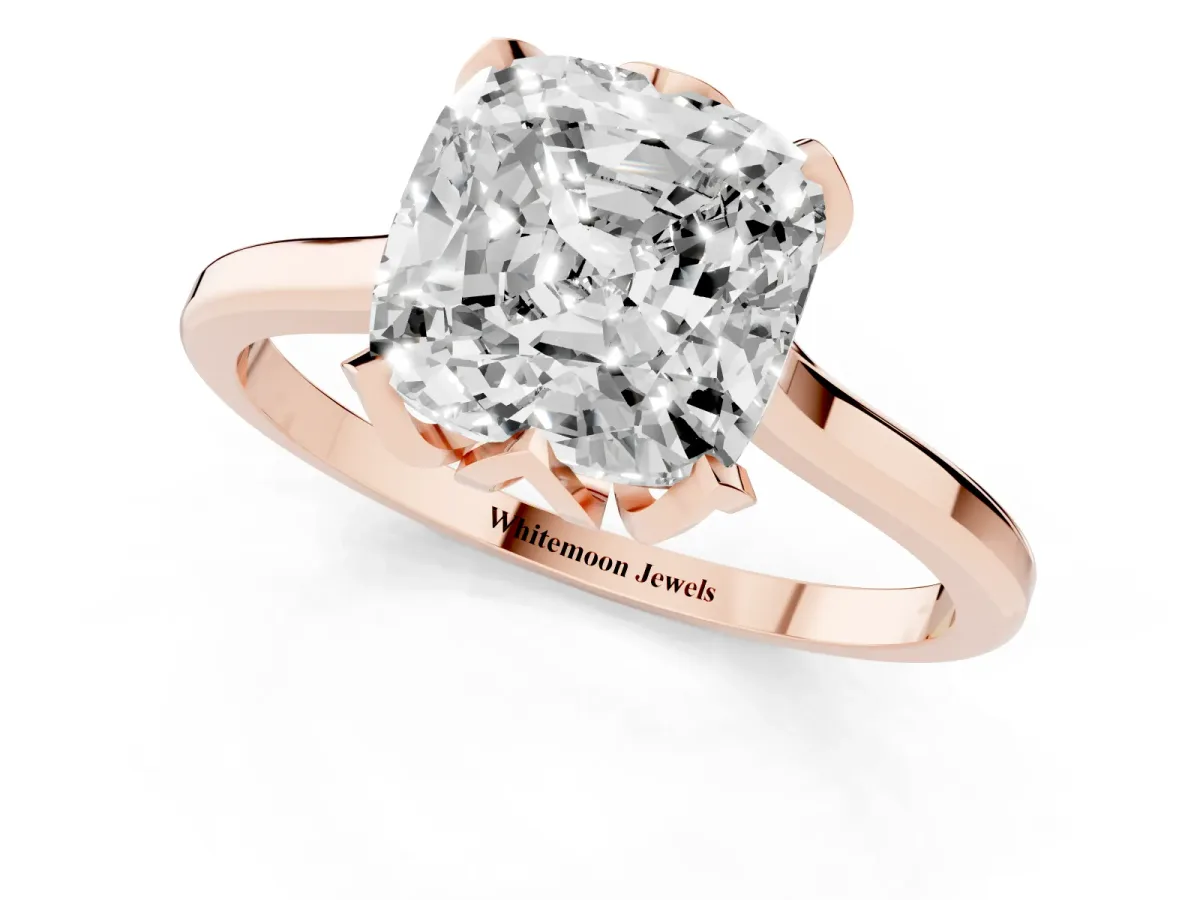 Cushion Cut Diamond Solitaire Ring with Flower Prong Setting and Classic Band Rose gold