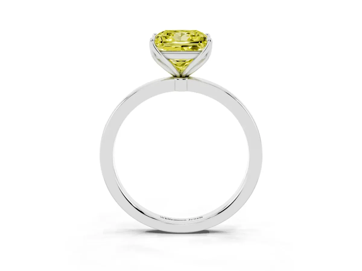 Fancy Yellow Princess Cut Diamond Solitaire Ring with Thin Band and Prong Setting Silver
