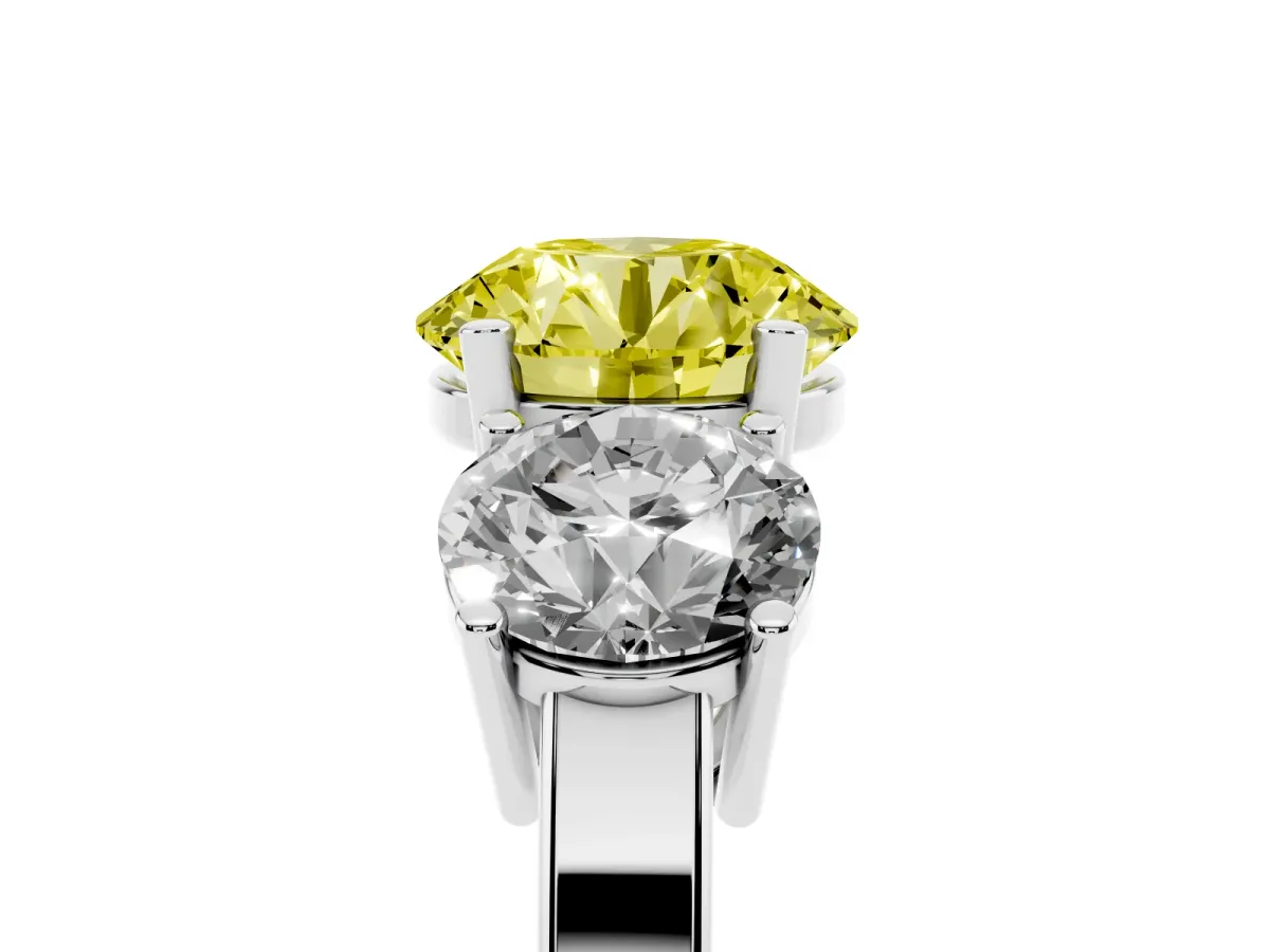 Fancy Yellow Three-Stone Round Cut Cut Diamond Engagement Ring with Flat Band and Four-Prong Setting Silver