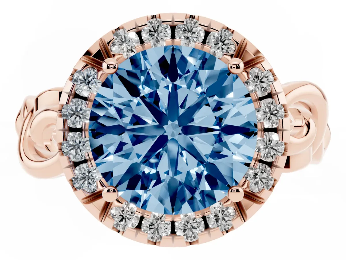 Fancy Blue Round Cut Cut Halo Diamond Ring with Scrollwork Band and Four-Prong Setting Rose gold