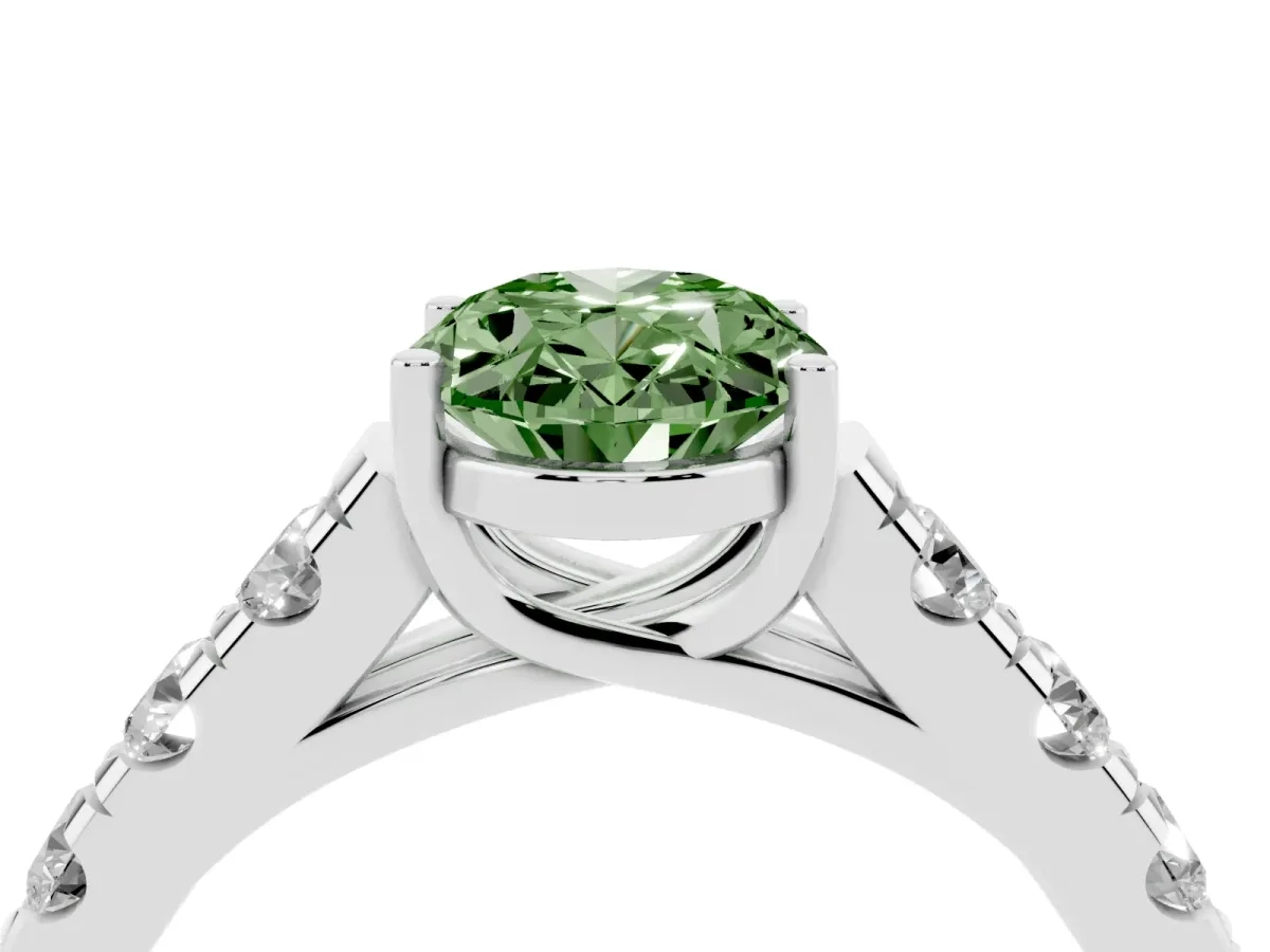 Fancy Green Oval Cut Cut Diamond Solitaire Ring with Micro Pave Band and Prong Setting Platinum