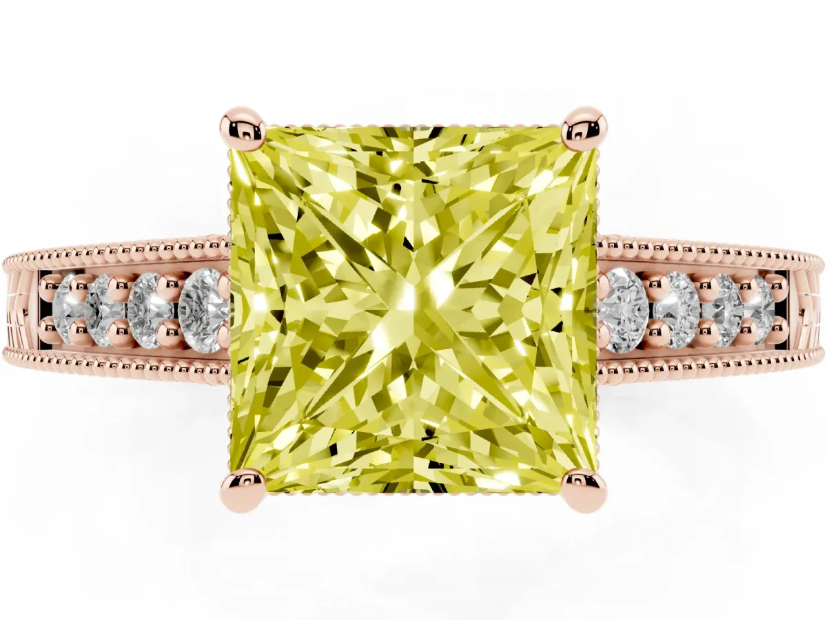 Fancy Yellow Princess Cut Solitaire Pavé Diamond Milgrain Engagement Ring with Four-Prong Setting Rose gold
