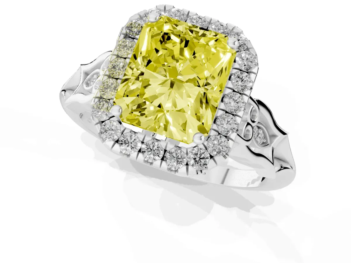 Fancy Yellow Radiant Cut Halo Diamond Engagement Ring with Filigree Band and Four-Prong Setting Platinum