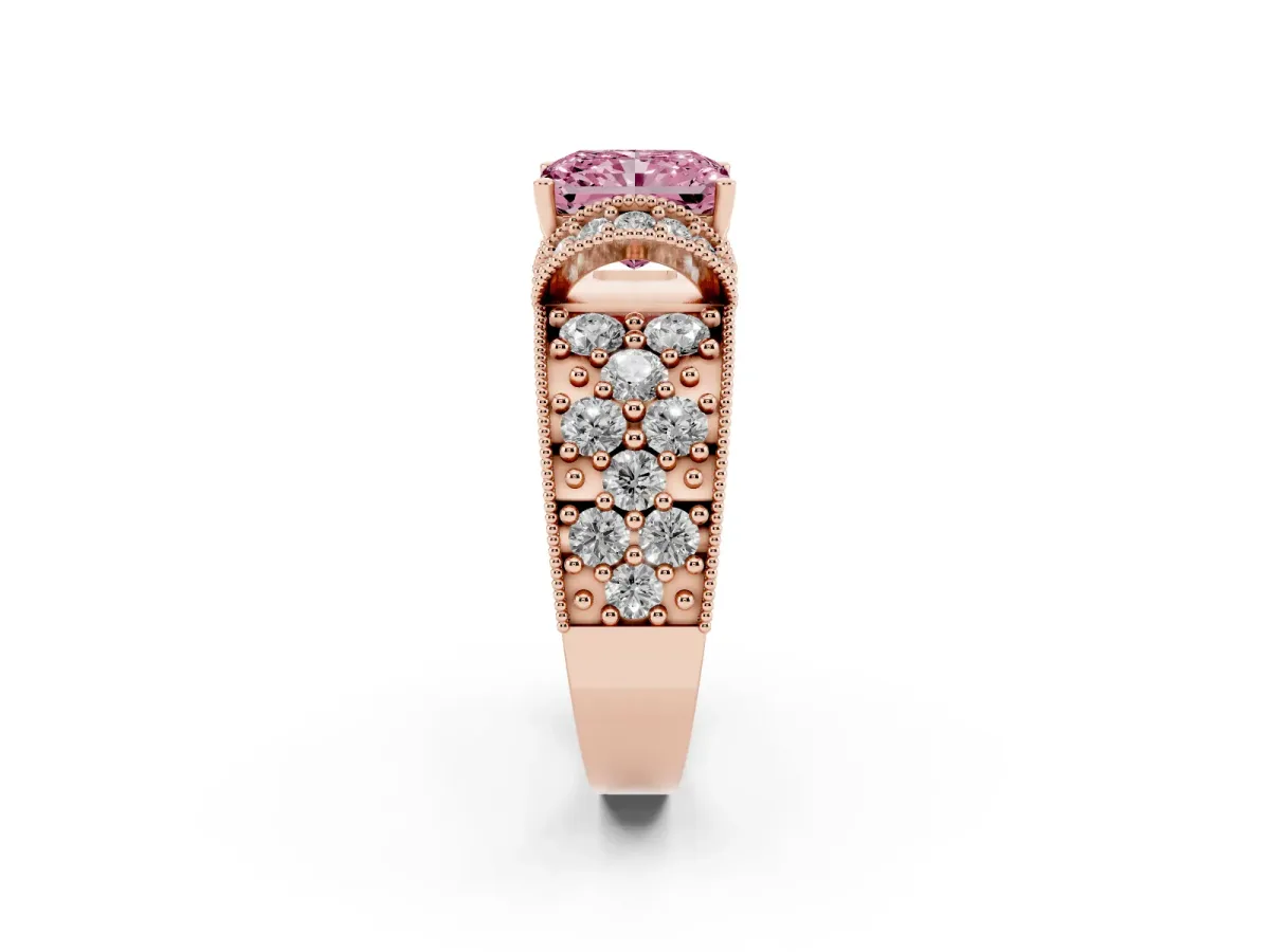 Fancy Pink Radiant Cut Halo Pave Diamond Engagement Ring with Milgrain Detailing Rose gold