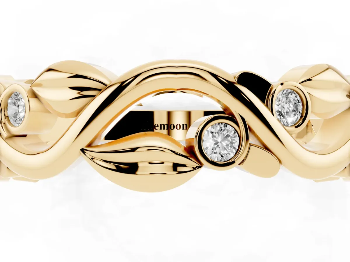 Round Diamond Leaf Eternity Band with Bezel Setting Yellow gold