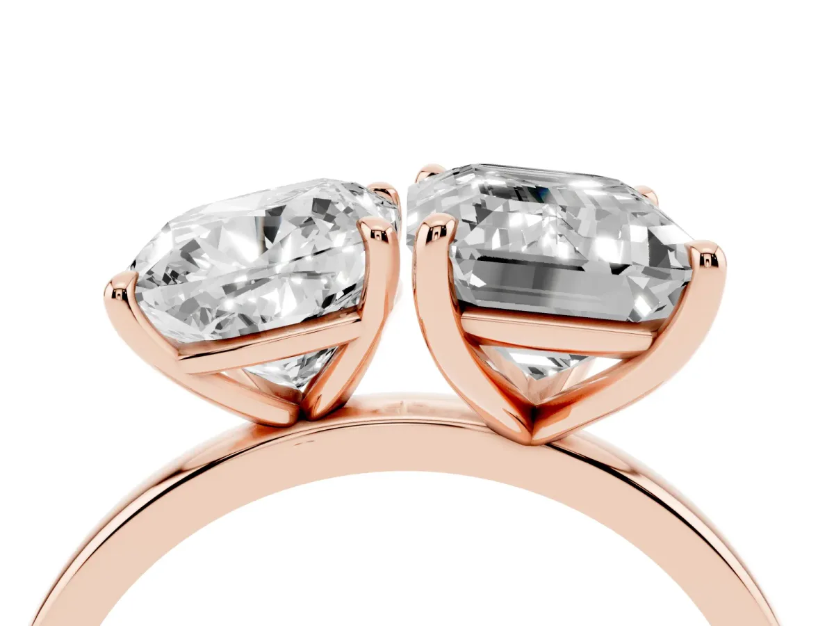 Cushion Cut and Emerald Cut Toi Moi Ring with Prong Setting Rose gold