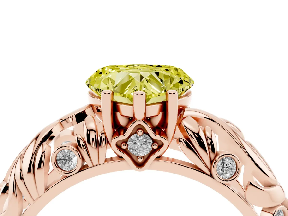 Fancy Yellow Heart Cut Solitaire Diamond Leaf-Inspired Vine Band Ring with Prong Setting Rose gold