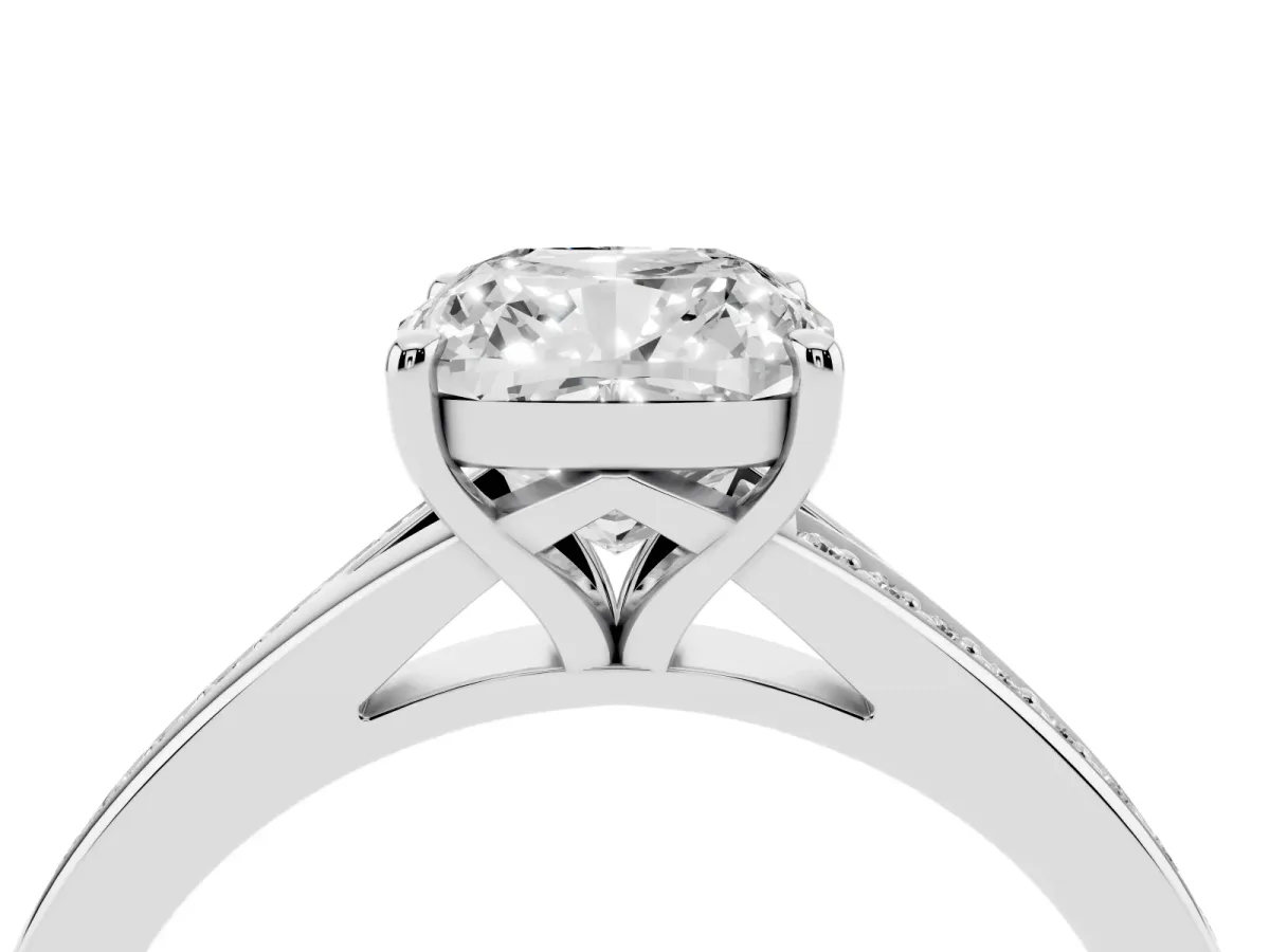 Cushion Cut Diamond Solitaire Ring with Pavé Band and Prong Setting Silver