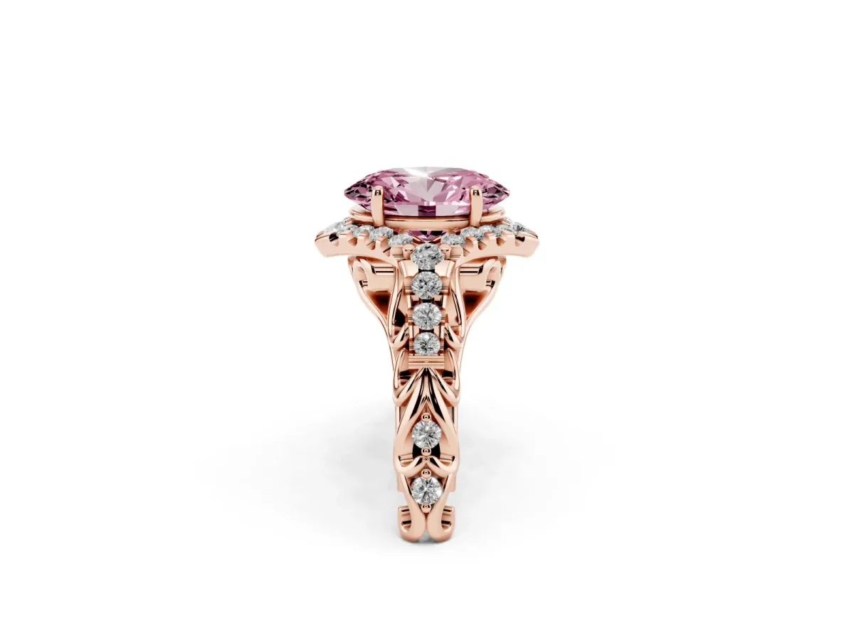 Fancy Pink Oval Cut Diamond Solitaire Ring with Hidden Halo and Pavé Band Rose gold