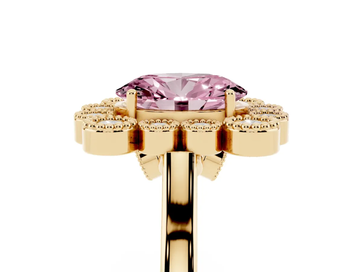 Fancy Pink Oval Cut Halo Diamond Cluster Engagement Ring with Milgrain Bezel Setting and Solitaire Band Yellow gold