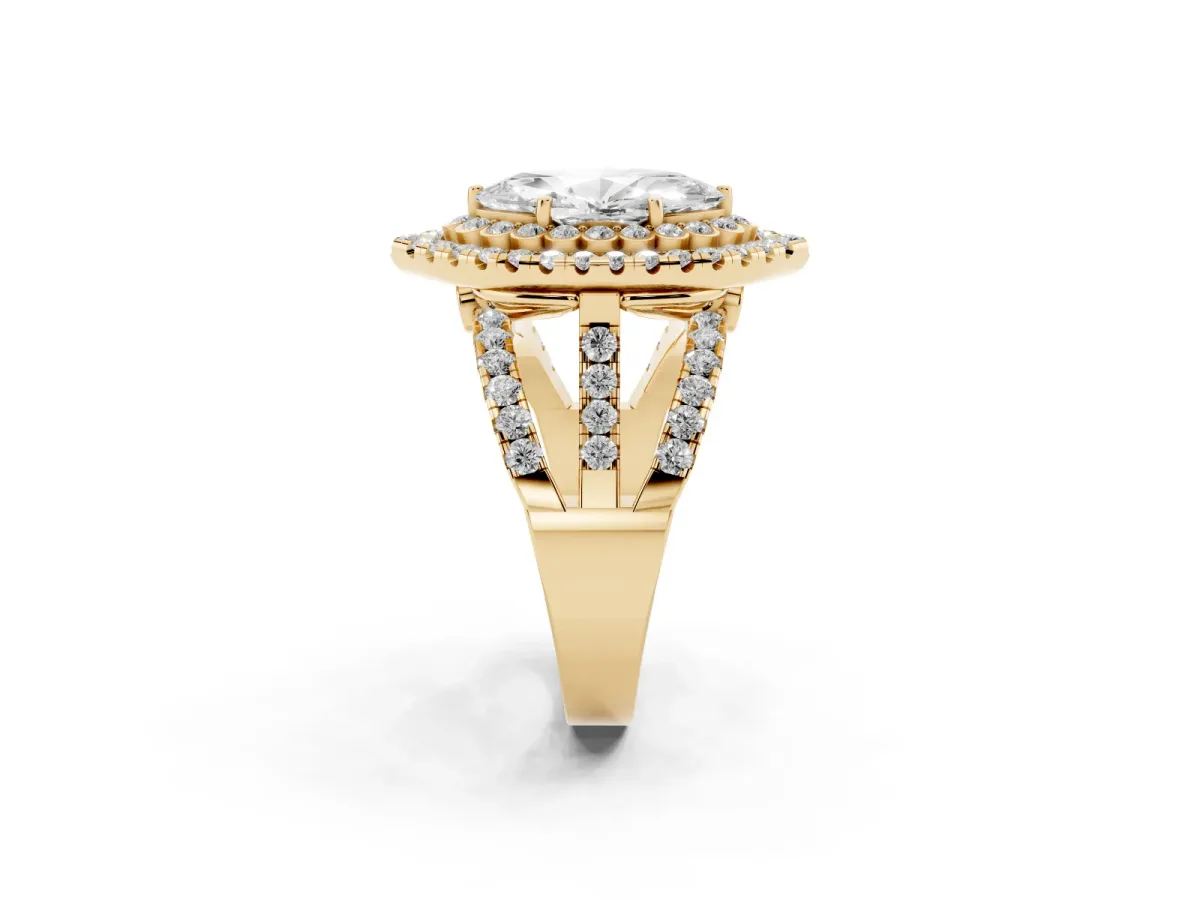 Marquise Cut Diamond Double Halo Ring with Round Pavé Split Shank and Prong Setting Yellow gold