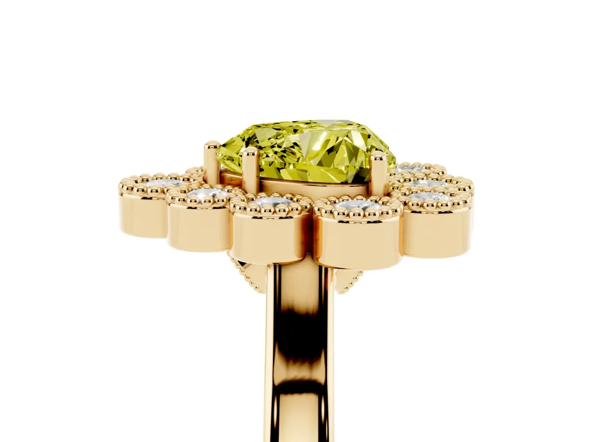 Fancy Yellow Heart Cut Halo Diamond Cluster Engagement Ring with Milgrain Bezel Setting and Solitaire Band Yellow gold