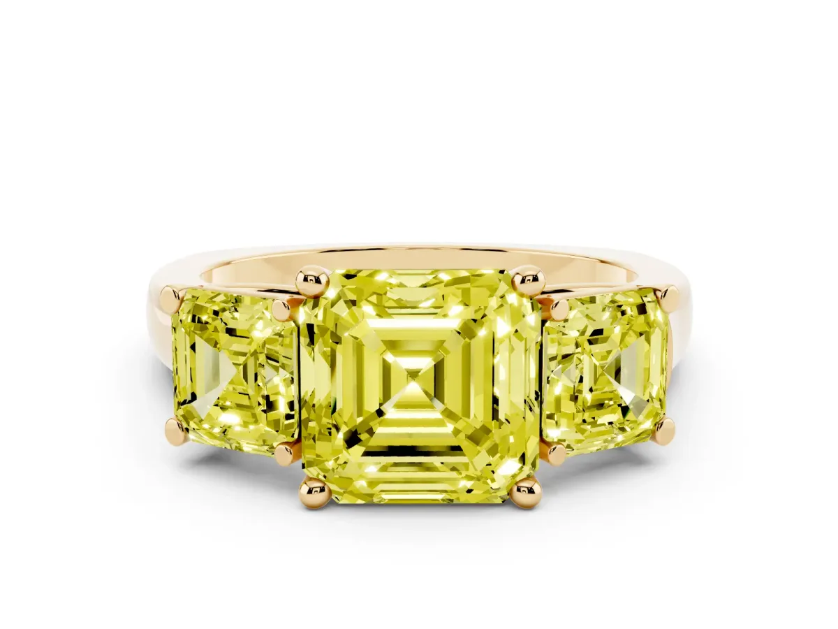 Fancy Yellow Three-Stone Asscher Cut Brilliant Diamond Trellis Ring with Comfort Fit Band Yellow gold