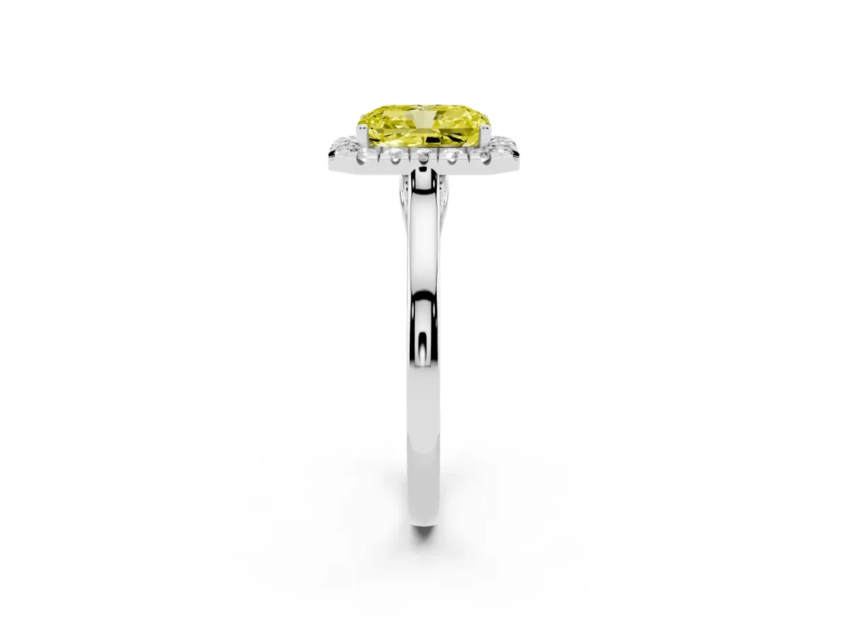 Fancy Yellow Radiant Cut Halo Round Diamond Solitaire Ring with Pavé Band and Four-Prong Setting Silver