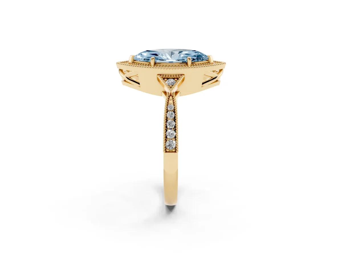 Fancy Blue Marquise Cut Halo Round Diamond Milgrain Pave Engagement Ring Yellow gold