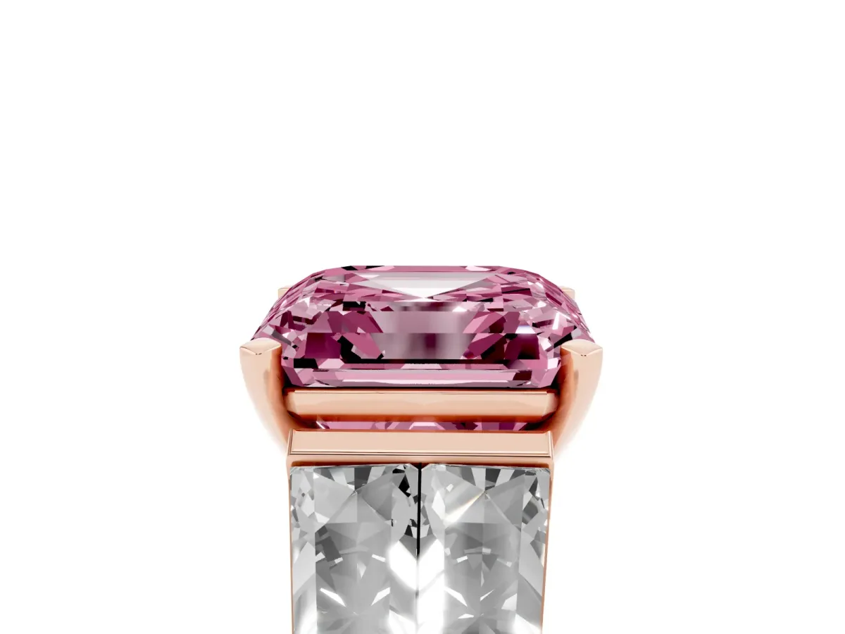 Fancy Pink Asscher Cut Diamond Engagement Ring with Baguette Side Stones and Channel Set Band Rose gold