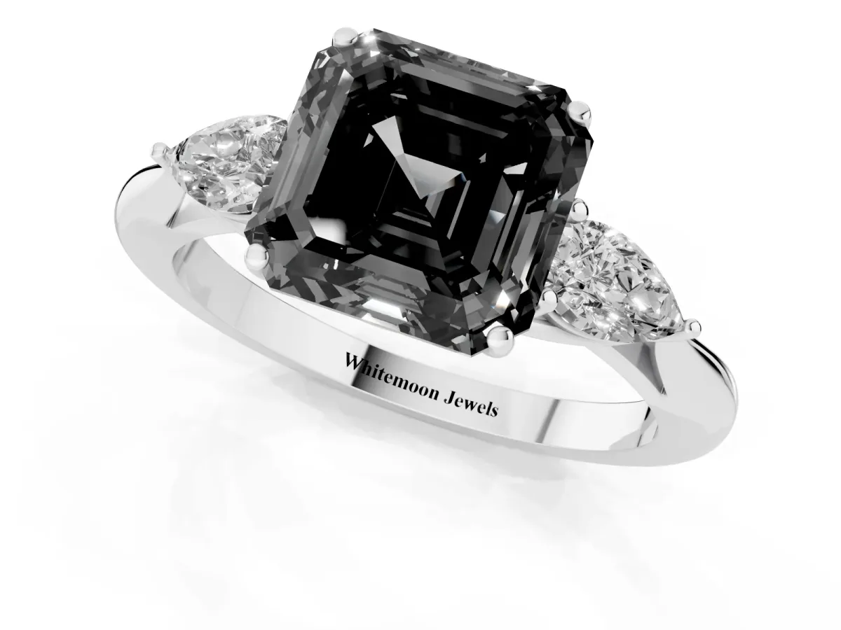 Fancy Black Asscher Cut Diamond Three-Stone Ring with Pear Side Stones and Prong Setting Silver