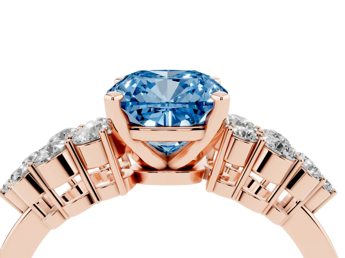 Fancy Blue Cushion Cut Cluster Diamond Engagement Ring with Pavé Band and Four-Prong Setting Rose gold