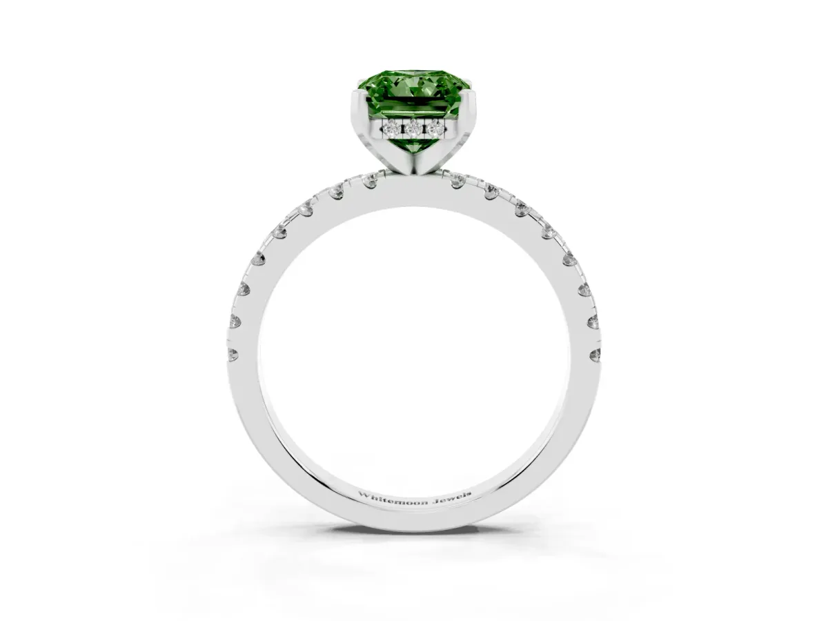 Fancy Green Radiant Cut Diamond Solitaire Ring with Round Pavé Band and Four-Prong Setting Silver
