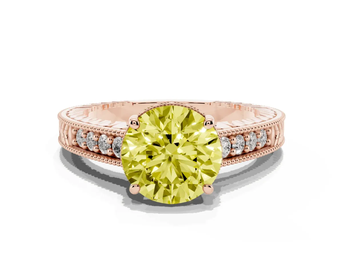 Fancy Yellow Round Cut Solitaire Pavé Diamond Milgrain Engagement Ring with Four-Prong Setting Rose gold